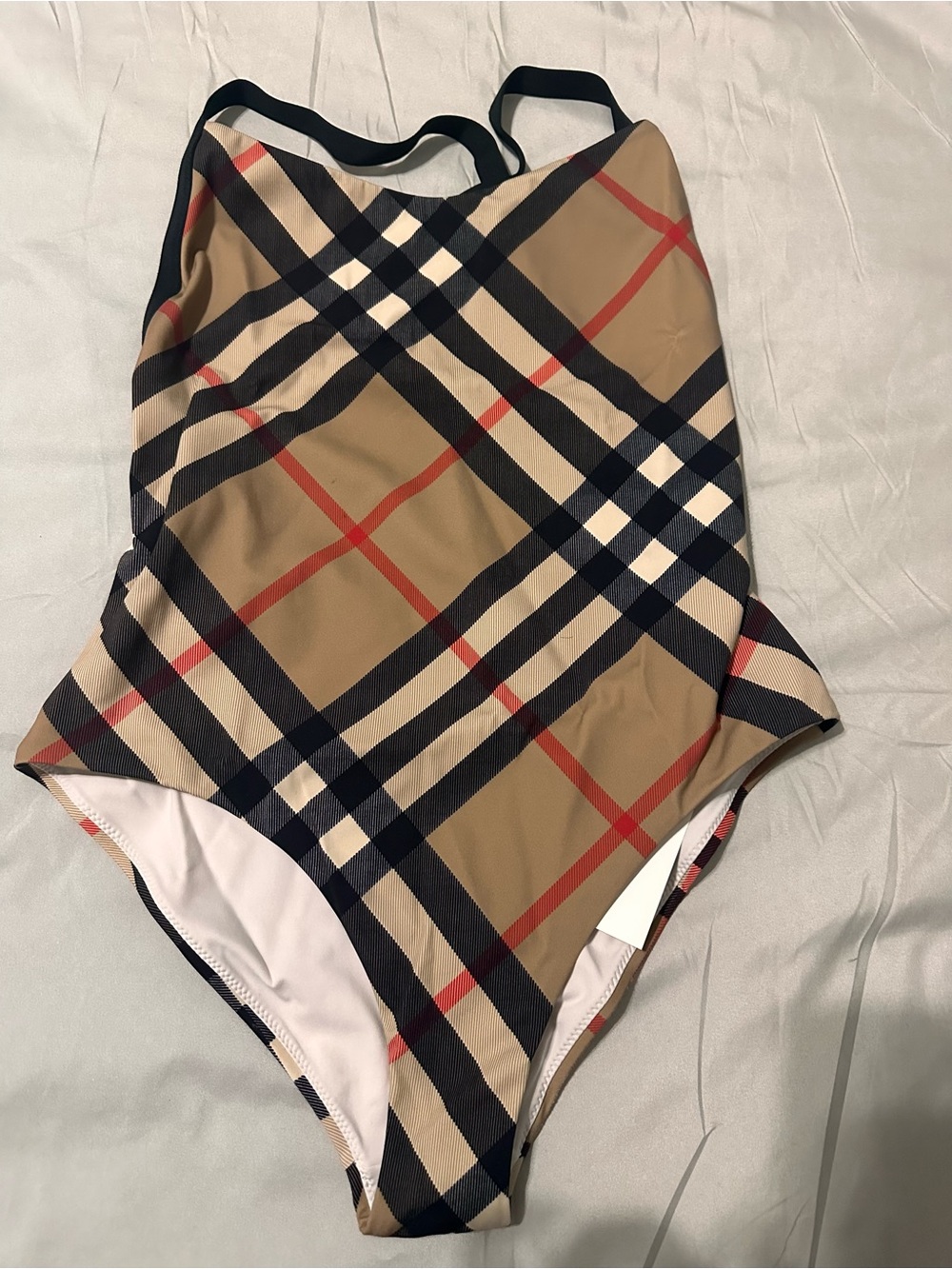 Burberry Tan Plaid One-Piece Swimsuit with Black & Red Stripes